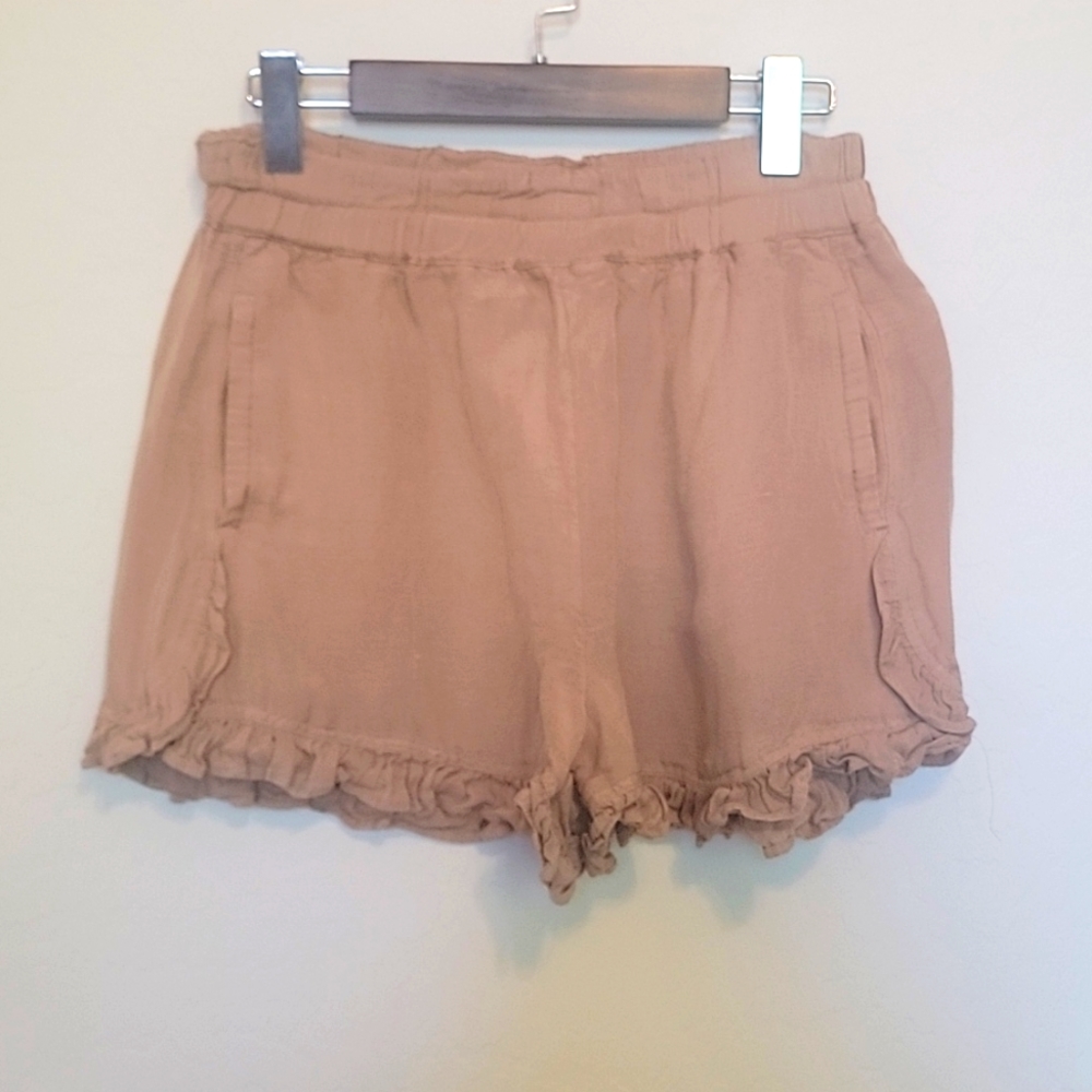 Anthropologie Tan Linen Ruffle Hem Pull On Shorts Small